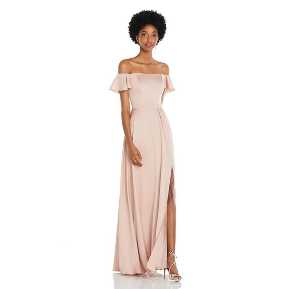Dessy Long Satin Champagne Off-shoulder Ruffle Sleeve Formal Bridesmaid Dress